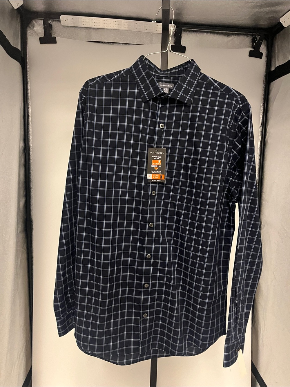 Van Heusen Men's Navy Plaid Dress Shirt with Light Blue Windowpane
